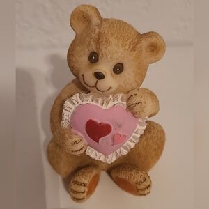 Vintage Ceramic Teddy Bear Figurine Holding A Pink Heart Pillow Used